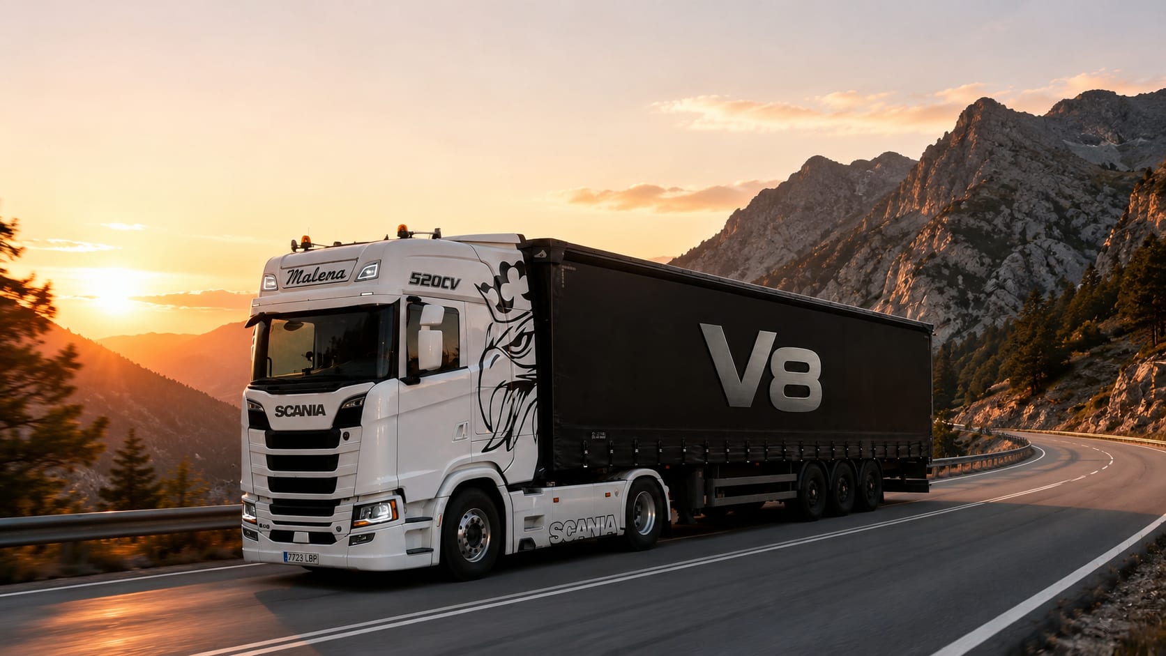 Camión Scania 520CV de Transportes Víctor Manuel Guerrero en carretera de montaña al atardecer